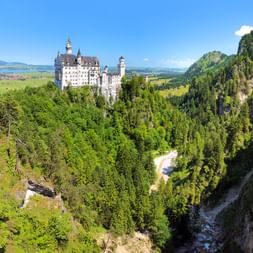 Schloss Neuschwanstein auf einem Hügel umgeben von dichtem Wald und Bergen bei Schwangau. Eine Schlucht mit Bach verläuft durch das Tal.