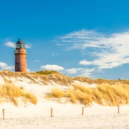 Leuchtturm Darßer Ort erhebt sich aus Sanddünen mit Strandgras bei Prerow an der Ostseeküste unter blauem Himmel mit weißen Wolken.