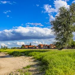 Sandiges Ufer der Elbe in Hitzacker mit grünem Gras, Bäumen und traditionellen Häusern unter blauem Himmel mit weißen Wolken.
