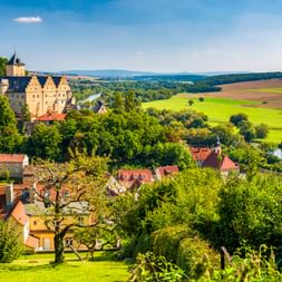 Schloss Mainberg auf einem Hügel, umgeben von Bäumen, mit Blick auf ein Dorf mit roten Dächern und den Main, der durch grüne Felder fließt.