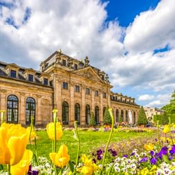 Fuldaer Schloss in Hessen mit barocker Architektur und formalen Gärten mit gelben Tulpen und lila Stiefmütterchen unter blauem Himmel mit weißen Wolken.