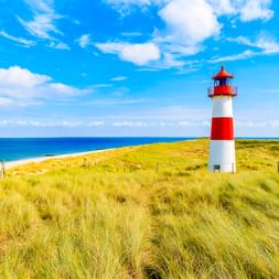 Rot-weiß gestreifter Leuchtturm auf grasbewachsenen Dünen am Ellenbogen auf Sylt. Blaues Meer und Himmel mit weißen Wolken im Hintergrund.