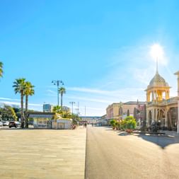 Wide promenade in Viareggio with tall palm trees on the left and elegant historic buildings with ornate towers on the right under blue sky.