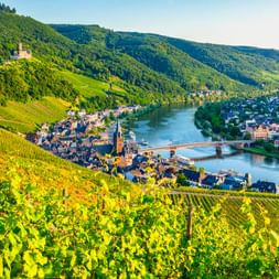 Weinberge überblicken Bernkastel-Kues an der Mosel, mit einer Brücke zwischen beiden Ufern und einer Burg auf dem Hügel über grünen bewaldeten Hängen.