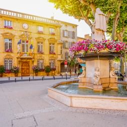 Steinbrunnen mit rosa Blumen auf einem Platz in Salon-de-Provence, mit gelbem historischem Gebäude und Platanen im Hintergrund.