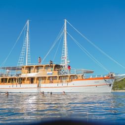 Kreuzfahrtschiff MS Dalmatino mit weißem Rumpf und hölzernen Oberdecks ankert in ruhigen blauen Mittelmeergewässern. Passagiere schwimmen und entspannen an Deck.