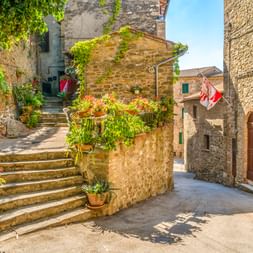 Enge Steingasse in Passignano am Trasimenischen See mit Treppen, Blumentöpfen und historischen Steingebäuden unter blauem Himmel.