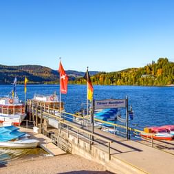Bootsanleger am Titisee mit bunten Tretbooten, Ausflugsschiff, Schweizer und deutscher Flagge. Bewaldete Hügel umgeben den blauen See.