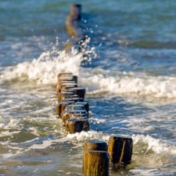 Holzbuhnen-Pfähle erstrecken sich in die Ostsee bei Heringsdorf, Usedom. Wellen schlagen gegen verwitterte Pfähle mit einer unscharfen Person im Hintergrund.
