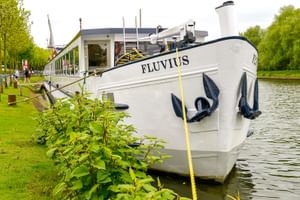 Weißes Flusskreuzfahrtschiff MS Fluvius am grasbewachsenen Flussufer vertäut. Zwei dekorative Anker hängen am Bug. Bäume säumen das Ufer.