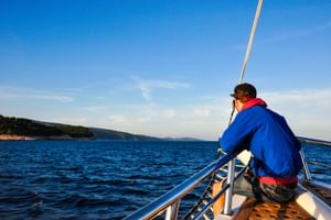 Person in blauer Jacke sitzt am Bug der MS Dalmatino und blickt auf das tiefblaue Adriatische Meer mit bewaldeter Küstenlinie in der Ferne.