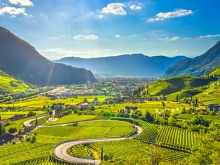 Panoramablick auf Bozen im Etschtal mit terrassierten Weinbergen, kurvenreichen Straßen und Bergen unter blauem Himmel mit weißen Wolken.