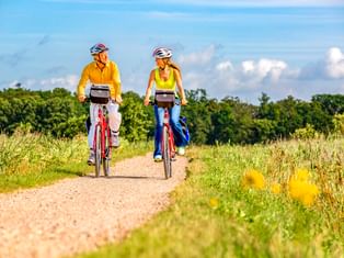 Two cyclists in colorful jackets riding red bikes on a gravel path through green meadows with yellow wildflowers under a blue sky.