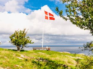 Dänische Flagge auf grasigem Küstenaussichtspunkt bei Gudhjem, Bornholm. Bank mit Blick auf die Ostsee unter bewölktem Himmel, umrahmt von Bäumen.