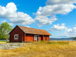 Traditionelle rote Holzscheune mit weißen Fenstern in goldenem Feld an der Ostsee unter blauem Himmel mit weißen Wolken in Skandinavien.