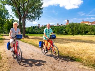 Two cyclists on red touring bikes with blue panniers on a path near Bad Wimpfen. Historic town skyline with church towers visible in background.