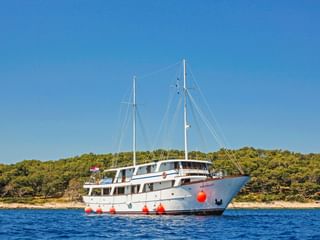 Weiße Motoryacht MS Azimut mit zwei Masten und roten Fendern vor Anker auf ruhigem blauen Wasser, mit grüner bewaldeter Küste im Hintergrund.