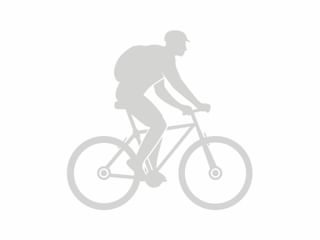 Graue Silhouette eines Radfahrers mit Rucksack auf einem Fahrrad, im Profil vor weißem Hintergrund dargestellt.