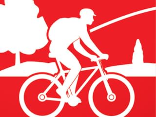 Rot-weißes Logo mit der Silhouette eines Radfahrers in einer Landschaft mit Baum, Hügeln und einem Vogel am Himmel.