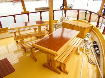 Holzdeck der MS Planka mit Bänken und Tisch, gelbem Boden, rotem Geländer und Schiffstauen. Hafenwasser im Hintergrund sichtbar.