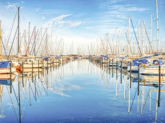 Yachthafen in Heiligenhafen mit zahlreichen Segelbooten an Holzstegen. Das ruhige Wasser spiegelt die Masten und den blauen Himmel mit leichten Wolken.
