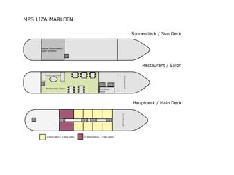 Deckplan des Schiffes Floor van Aemstel mit drei Ebenen: Sonnendeck, Restaurant/Salon-Deck und Hauptdeck mit 2-Bett- und 3-Bett-Kabinen.