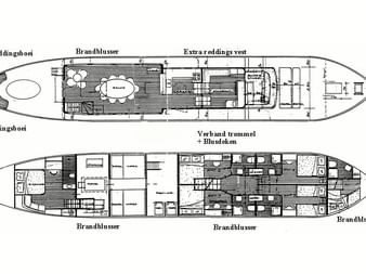 Kabinenplan der MS Miro mit zwei Decks, Kabinen, Rettungsbooten, Feuerlöschern, Notausgängen und Trommeln auf dem Oberdeck.