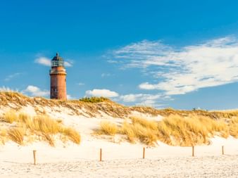 Leuchtturm Darßer Ort erhebt sich aus Sanddünen mit Strandgras bei Prerow an der Ostseeküste unter blauem Himmel mit weißen Wolken.