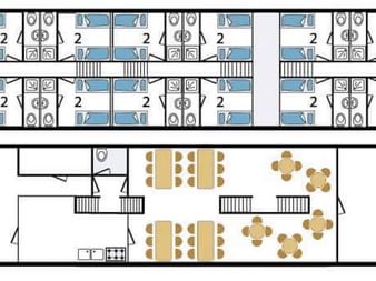 Zweistöckiger Deckplan der MS Lena Maria mit Kabinenlayout auf dem Oberdeck und Essbereich mit Tischen auf dem Unterdeck.