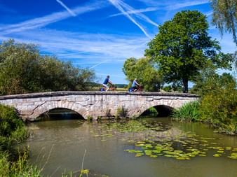 Two cyclists riding across an old stone bridge over a calm river with water lilies, surrounded by lush green trees under a blue sky.