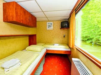 Kompakte Kabine auf der MS Fluvius mit zwei Betten, Holzschränken, TV und großem Fenster mit Blick auf grüne Uferlandschaft. Roter Teppich.