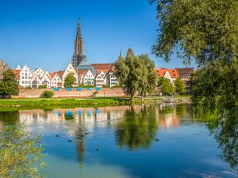 Blick auf das Ulmer Münster mit seinem hohen Turm und bunten historischen Gebäuden entlang der Donau. Die Szenerie ist von grünen Bäumen gerahmt.
