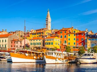 Bunte Häuser in der Altstadt von Rovinj mit Kirchturm. Boote liegen im Hafen im Vordergrund unter blauem Himmel.