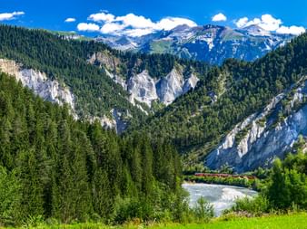 Rheinschlucht mit bewaldeten Hängen, weißen Kalksteinfelsen, einem Fluss mit Zug am Ufer und schneebedeckten Bergen unter blauem Himmel.