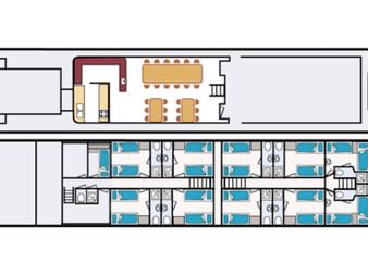 Deckplan der MS Flora mit Oberdeck mit Essbereich und Lounge, Unterdeck mit acht Kabinen, jede mit eigenem Bad.