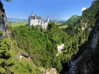 Schloss Neuschwanstein auf einem bewaldeten Hügel in Bayern, umgeben von dichtem grünen Wald, Felsenklippen und Berglandschaft.