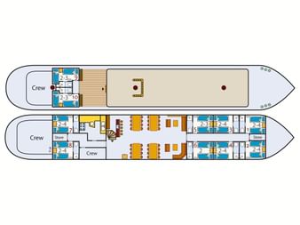Zweistöckiger Deckplan des Dreimastklipper Elizabeth mit Crew-Quartieren, Kabinen, Essbereichen und Badezimmern in farbcodierter Darstellung.