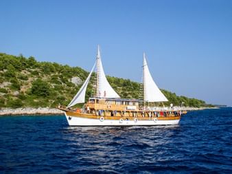 MS Aneta, ein hölzernes Motorsegelschiff mit zwei weißen Segeln, fährt auf tiefblauem Wasser vor einer grünen, felsigen Küste.