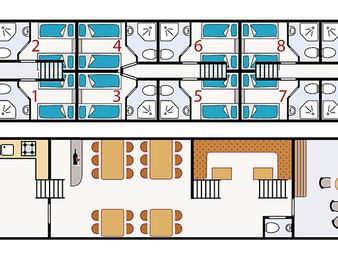 Zweistöckiger Deckplan der MS Fleur mit Passagierkabinen und Crew-Quartieren oben, Essbereich und Lounge unten.