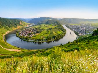 Luftaufnahme der Kröver Moselschleife mit Fluss um eine Halbinsel. Grüne Weinberge bedecken Hänge, Ort in der Schleife, blauer Himmel.