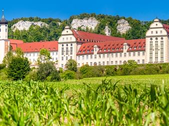 Klosterkomplex Beuron mit rotgedeckten Gebäuden und weißem Kirchturm vor dramatischen Kalksteinfelsen und grünem Wald.