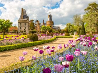 Château de Maintenon with towers and turrets behind formal gardens with purple tulips, blue forget-me-nots, and manicured hedges under a cloudy sky.