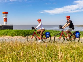 Zwei Radfahrer mit roten Helmen und blauen Taschen fahren auf Grasweg neben Leuchtturm in Brunsbüttel, Nordsee im Hintergrund.