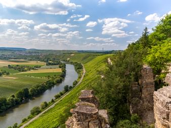Luftaufnahme des Neckars, der sich durch grüne Weinberge bei Hessigheim schlängelt. Felsige Klippen im Vordergrund, Felder und Hügel unter blauem Himmel.