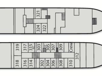 Decksplan der MS Fluvius mit zwei Decks mit nummerierten Kabinen, Treppen und Crew-Bereich. Oberdeck zeigt Kabinen 321-324, Unterdeck Kabinen 302-319.
