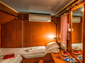 Kabineninterieur auf MS L'Estello mit Einzelbett, Holzverkleidung, Klapptisch, Spiegel, Klimaanlage und Deckenleuchte.