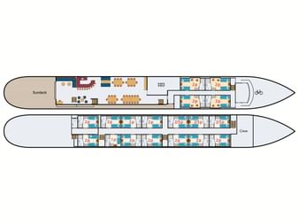 Deckplan der MS Magnifique II mit zwei Decks und Kabinenaufteilung. Oberdeck mit Sonnendeck, Essbereich und Kabinen. Unterdeck zeigt Crew-Bereich und mehrere Passagierkabinen.