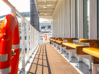 Sonnendeck der MS Lisabelle mit Holzbänken, weißen Geländern und orangen Rettungsringen. Das Deck hat einen beigen Teppich mit schwarzen Streifen.