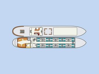 Deckplan des Schiffes Wapen fan Fryslân mit zwei Ebenen. Oberdeck mit Essbereich und Lounge. Unterdeck zeigt mehrere Kabinen mit Badezimmern.