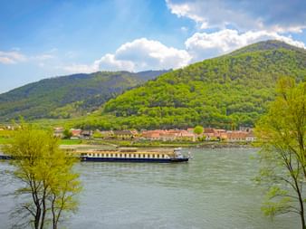 Flusskreuzfahrtschiff MS Prinzessin Katharina auf der Donau mit grünen Hügeln, einem Flussdorf und Frühlingsbäumen im Vordergrund.